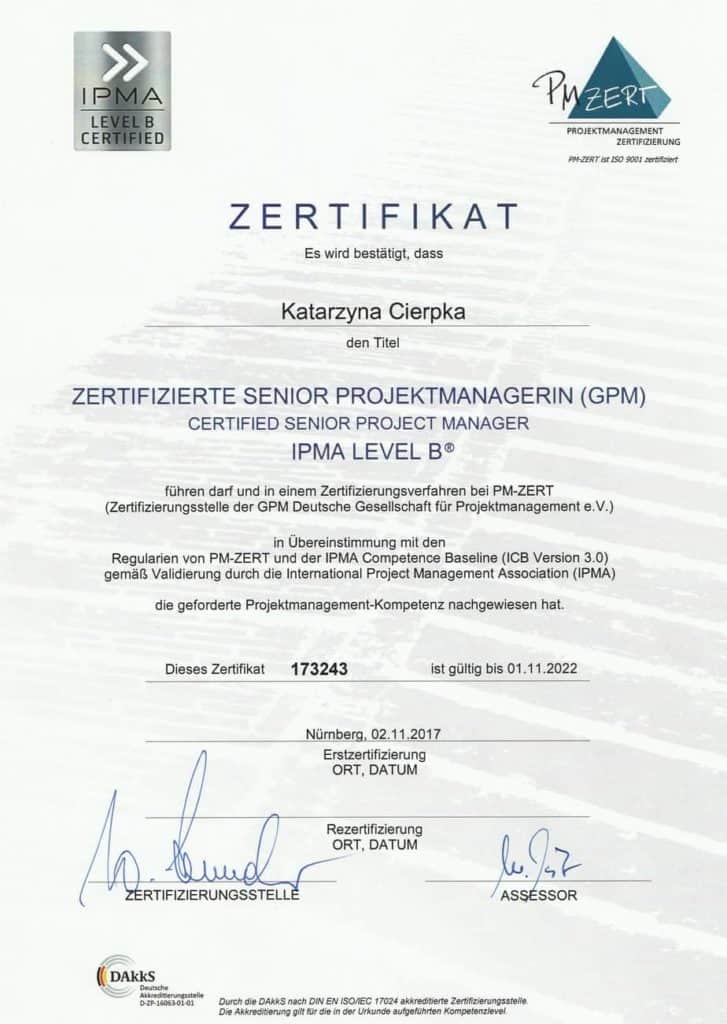 Katarzyna Cierpka Certyfikat